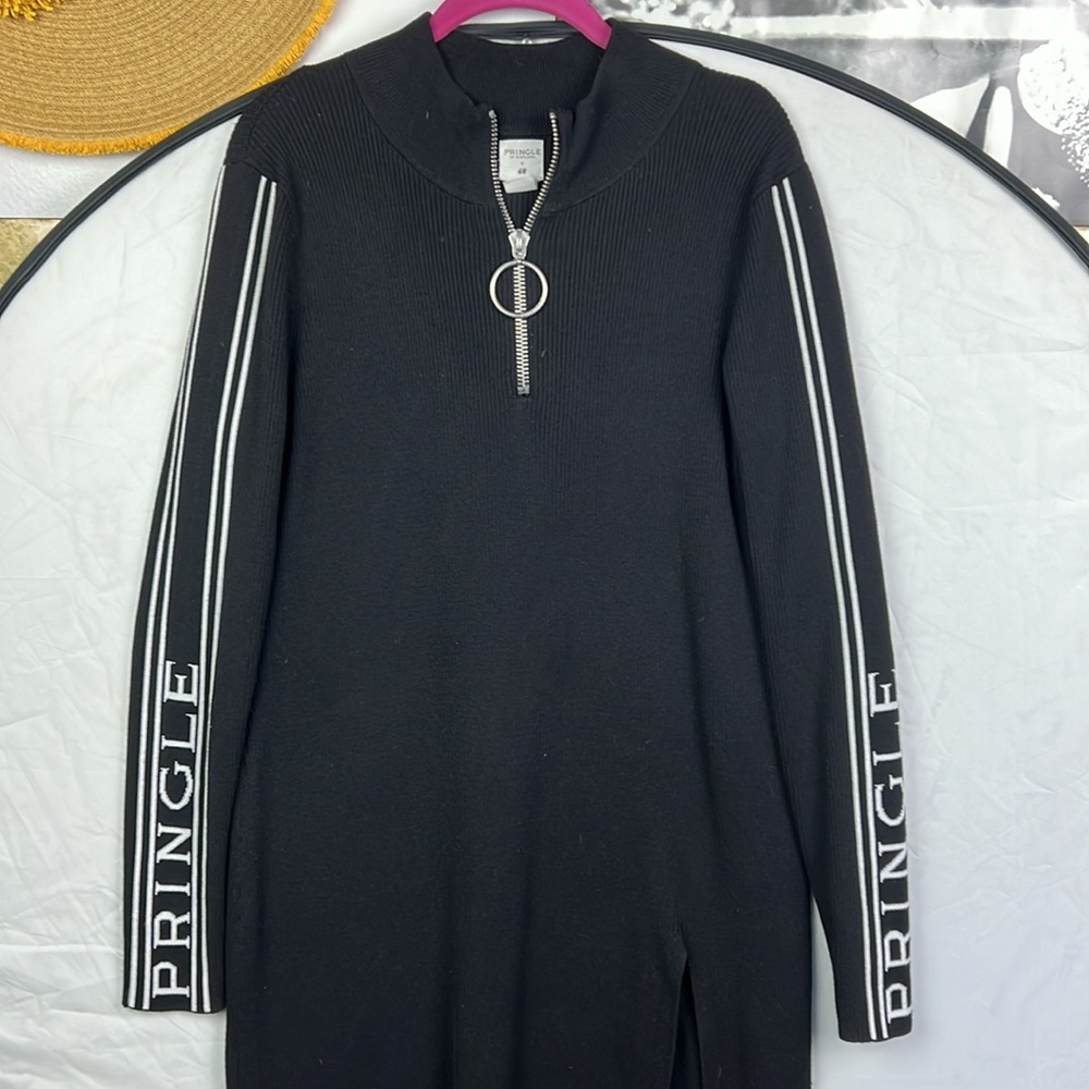 Pringle of Scotland ribbed Knit Dress/Sweater black white logo long sleeve midi